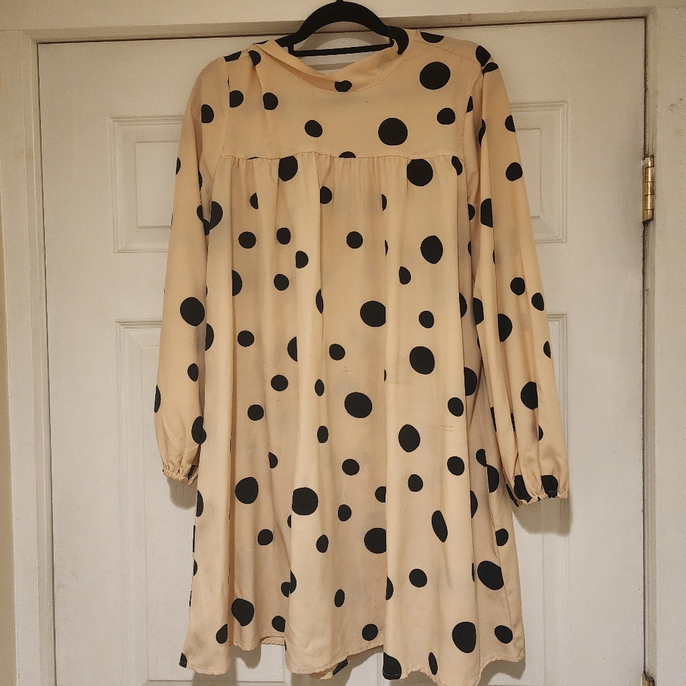 SHEIN Long Sleeve Polka Dot Dress - Black and Cream